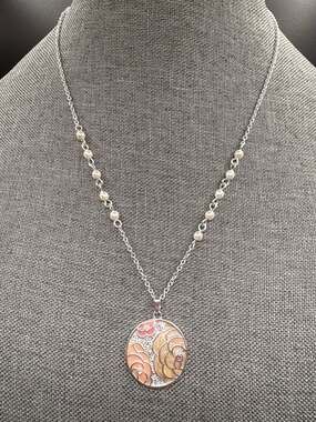 NRT Silver Tone Floral Enamel and Rhinestone Pendant Necklace